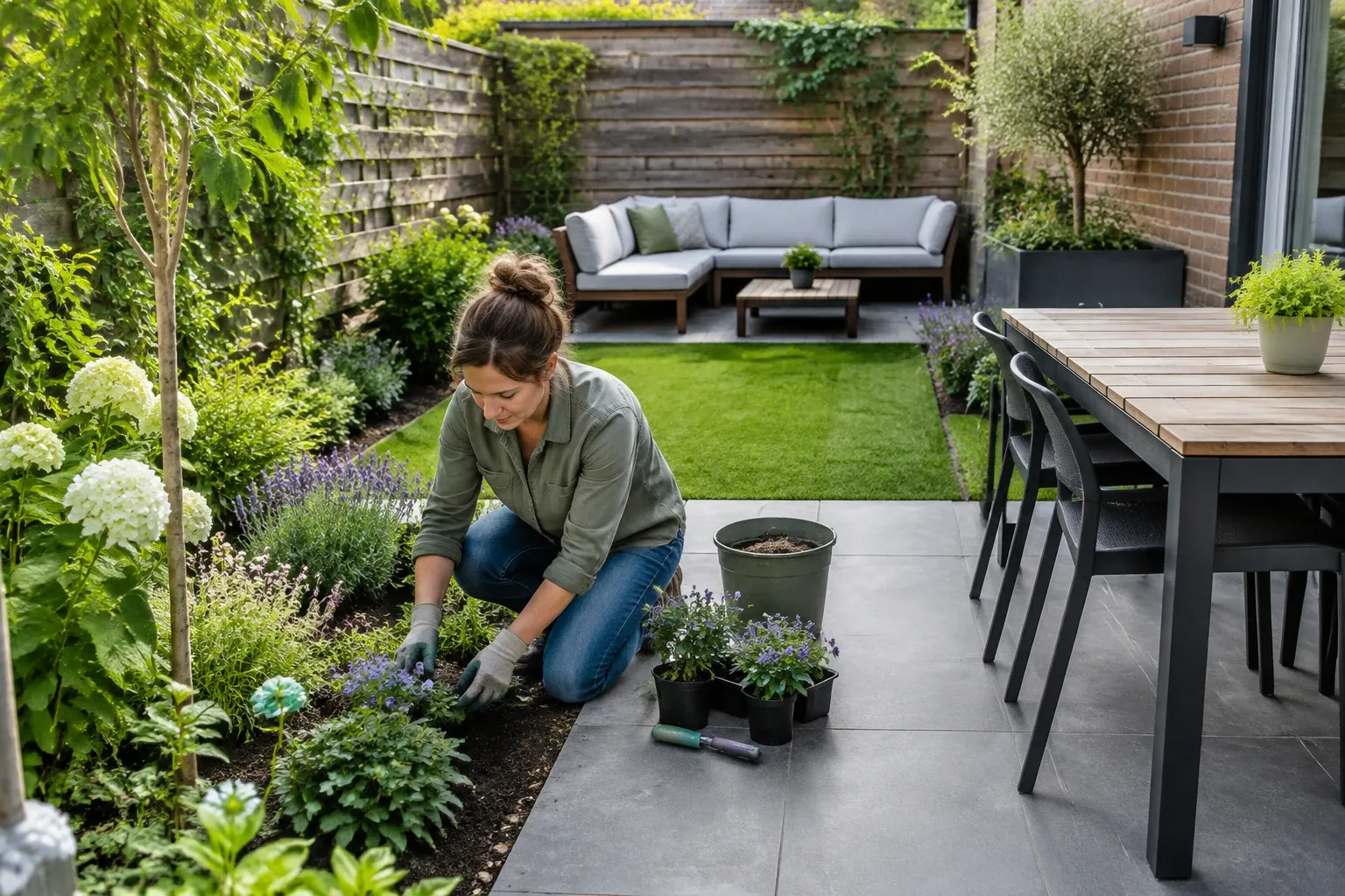 Vrouw plant lavendel en groene struiken naast terras met loungeset en eettafel